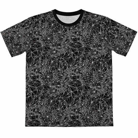 Black t-shirt with white geometric pattern on a white background