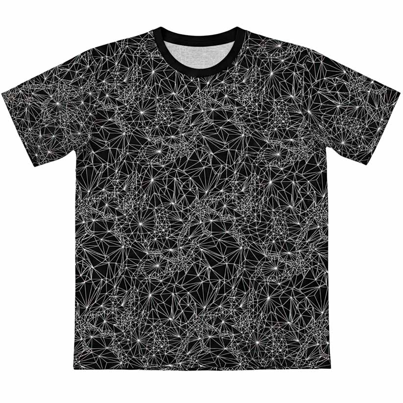 Black t-shirt with white geometric pattern on a white background