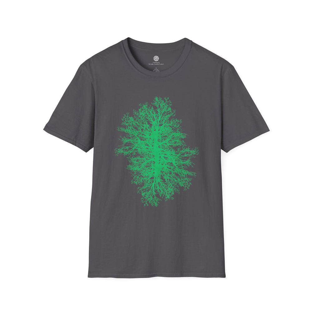 Gray t-shirt with a green tree design on a white background