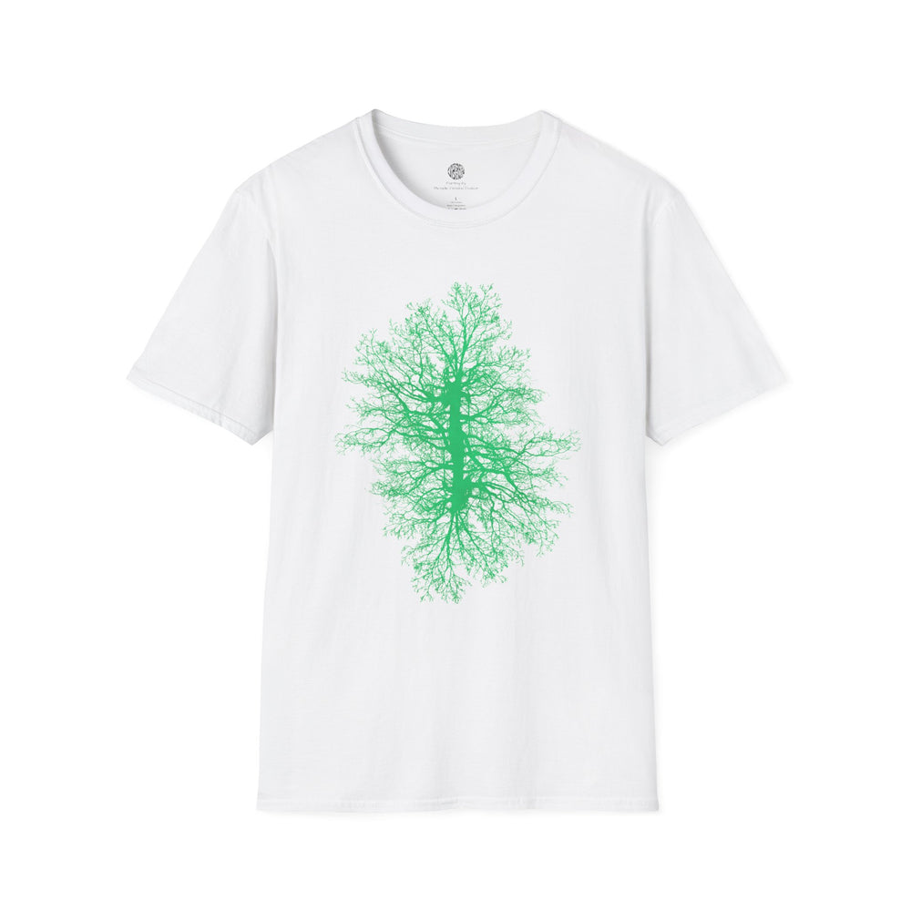 White Integrated Visions t-shirt with a green tree design on a white background