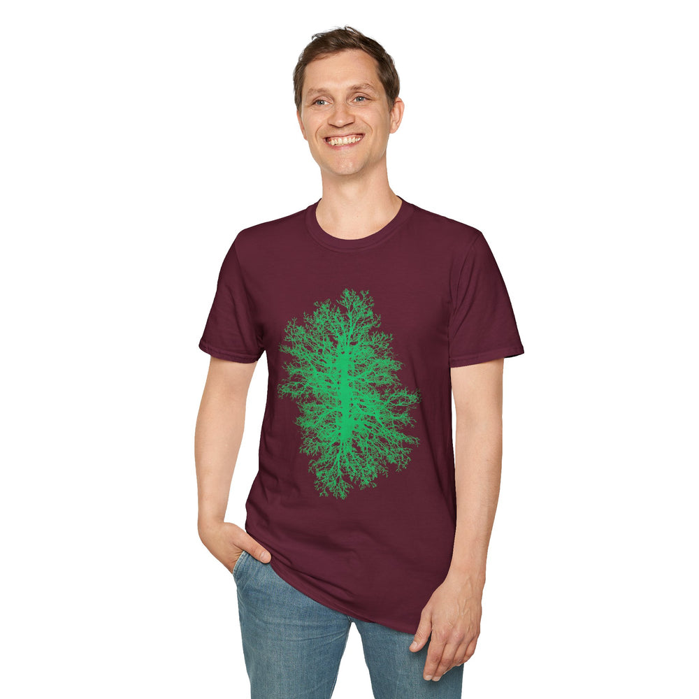Man wearing a maroon t-shirt with a green tree design on a white background