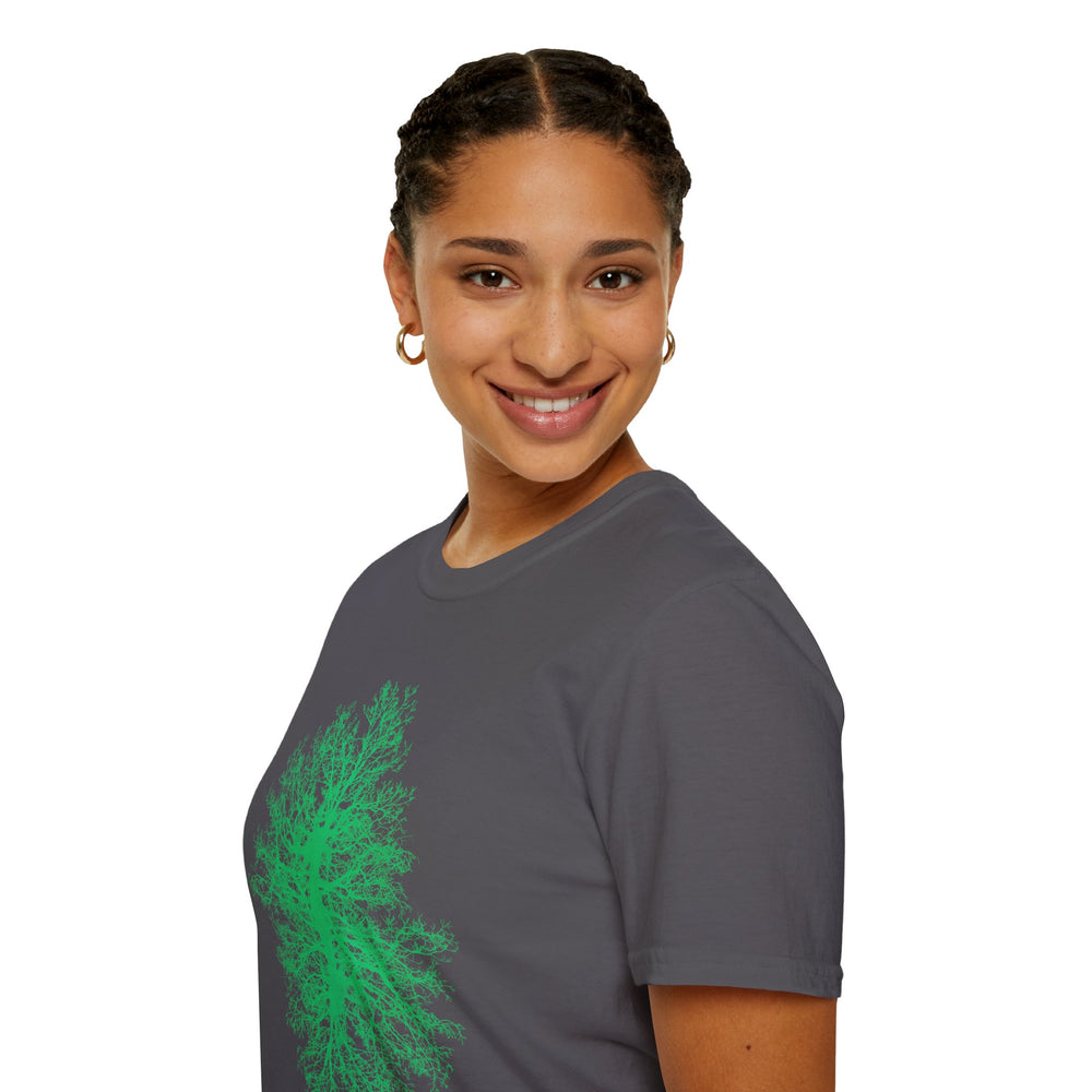Person wearing a gray t-shirt with a green graphic design on a white background