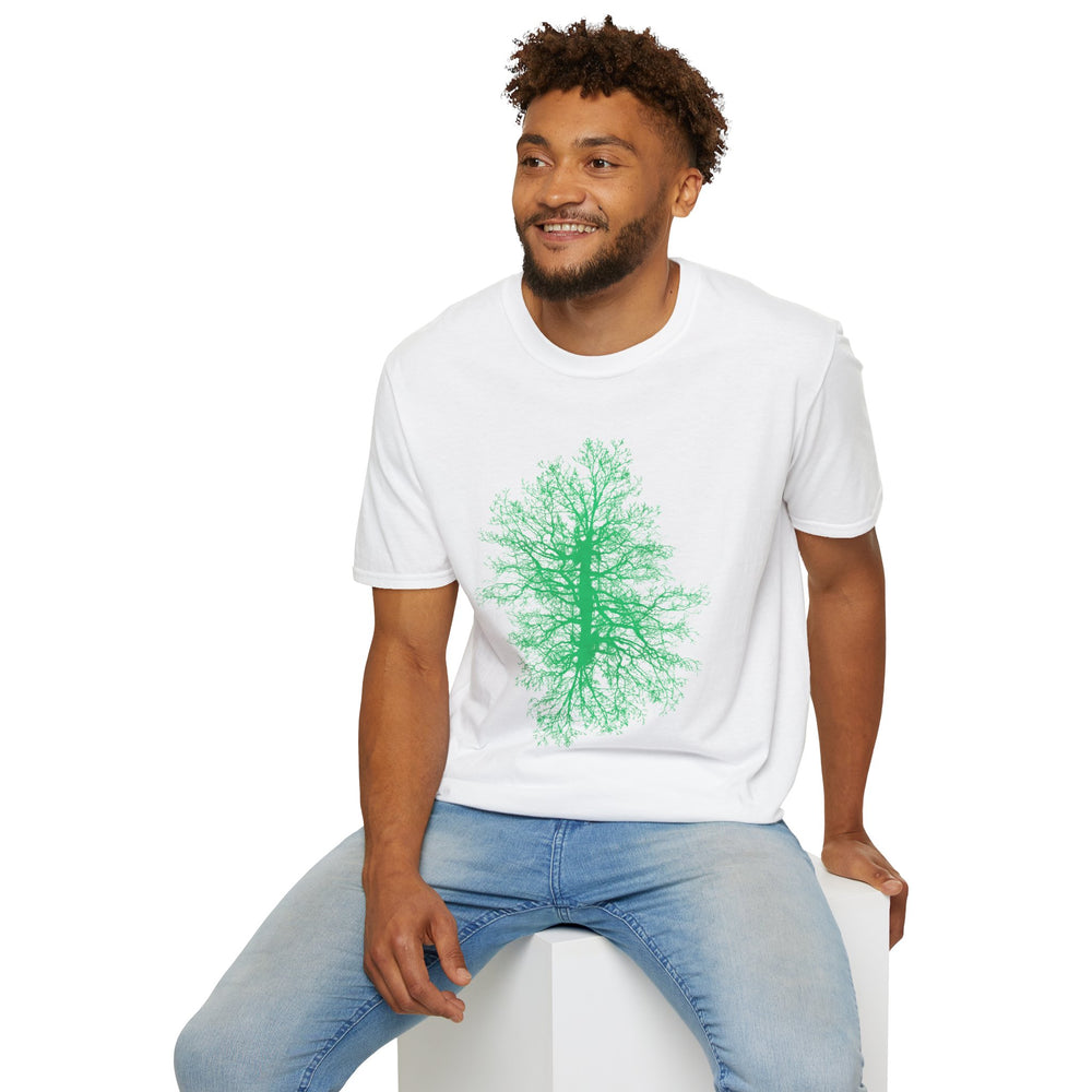 Man wearing a white t-shirt with a green tree design on a white background