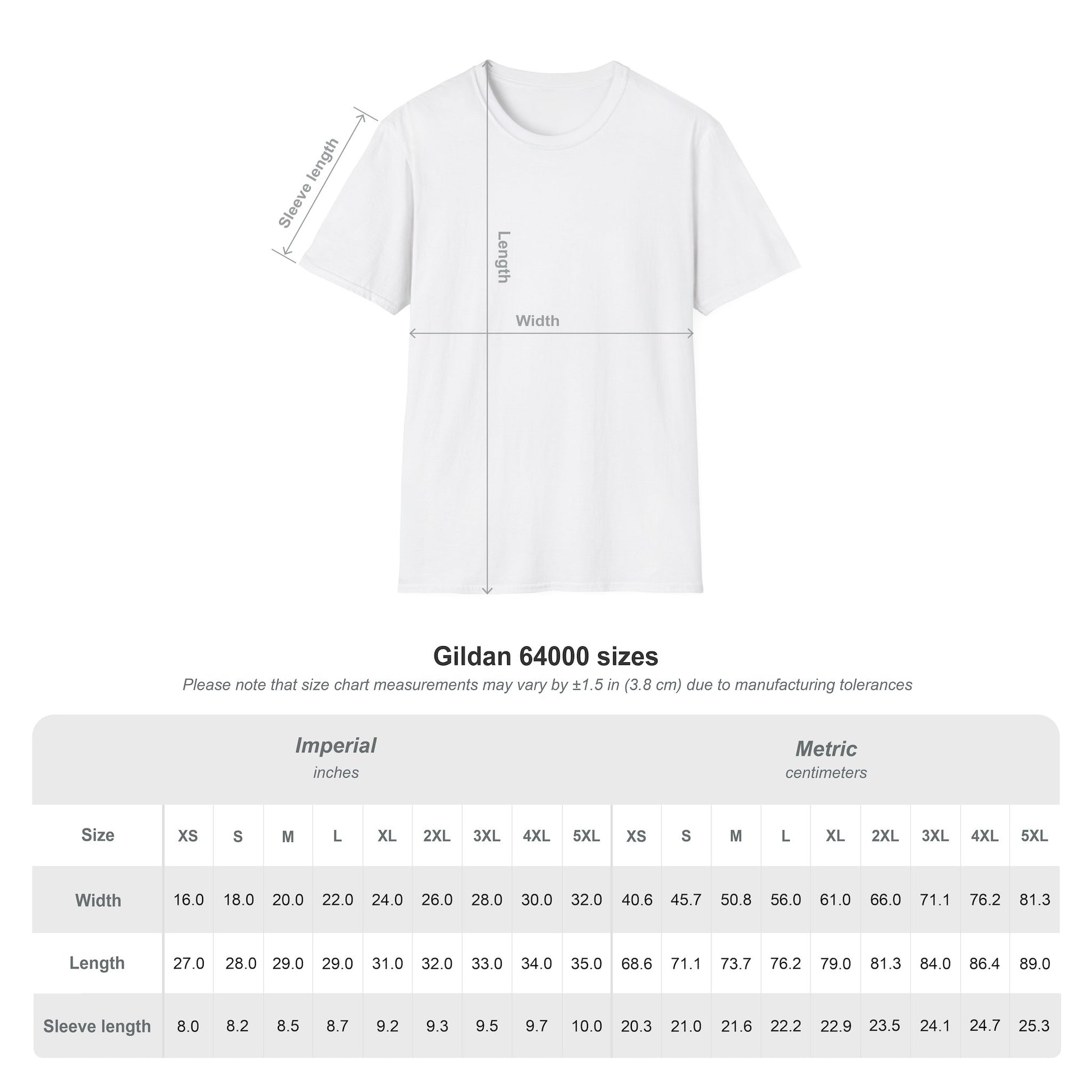 White t-shirt with size chart measurements on a white background for measurements of blue ridge t-shirt