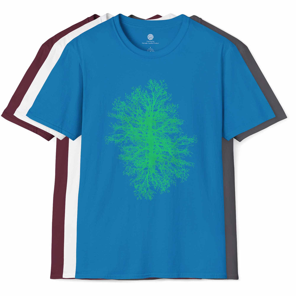 Sapphire Blue t-shirt with green tree design with white, maroon, and charcoal versions behind it on a white background