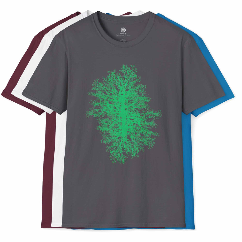 Charcoal t-shirt with green tree design with white, maroon, and sapphire versions behind it on a white background