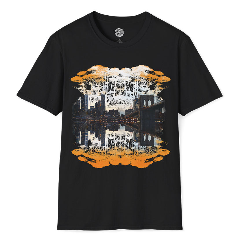 Trees and NYC skyline on a black t-shirt on a white background