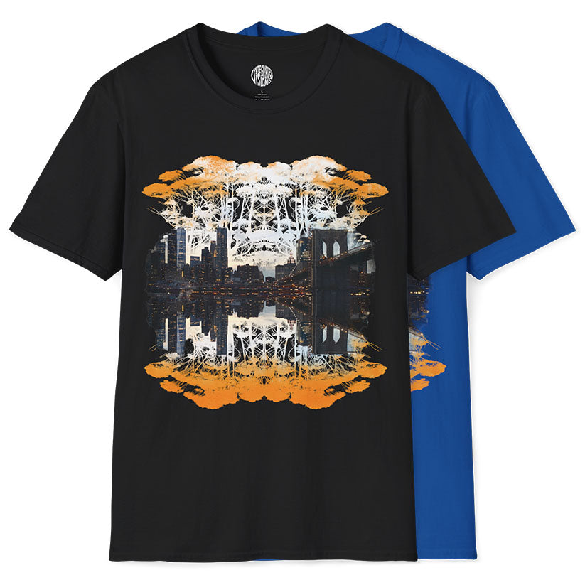 Trees and NYC skyline on a black and blue t-shirt on a white background