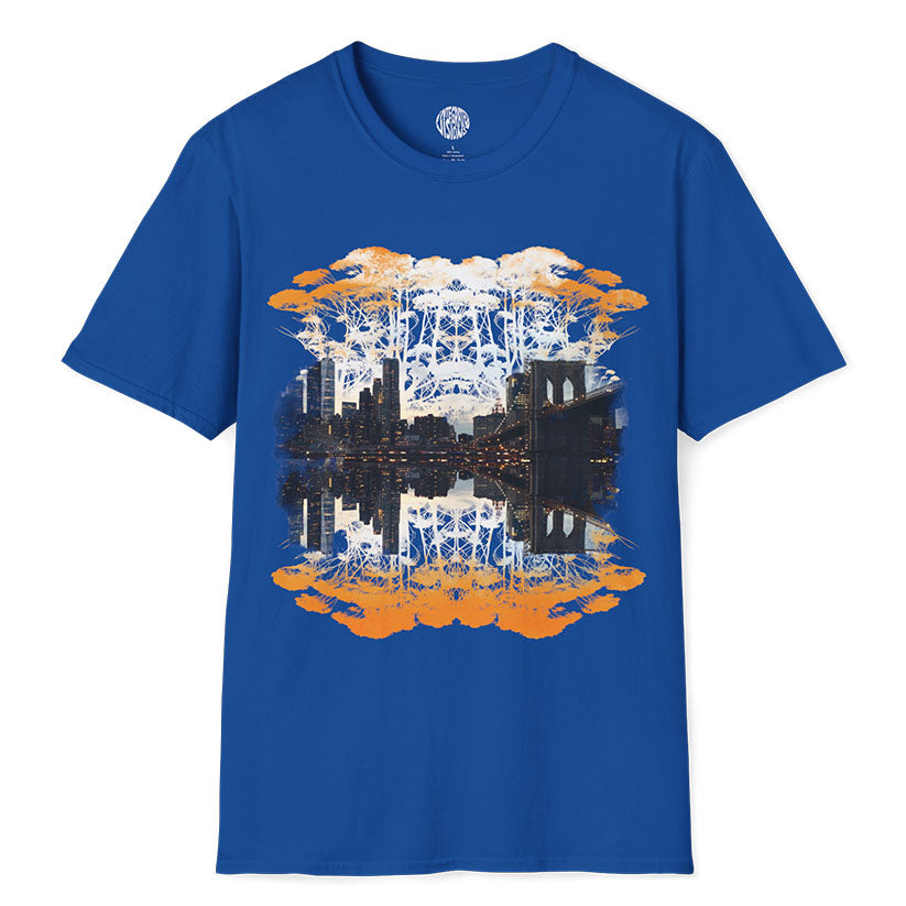 Trees and NYC skyline on a royal blue t-shirt on a white background