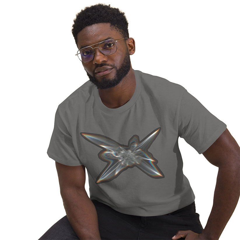 Man wearing The Light Within graphic t-shirt in charcoal gray on a white background.