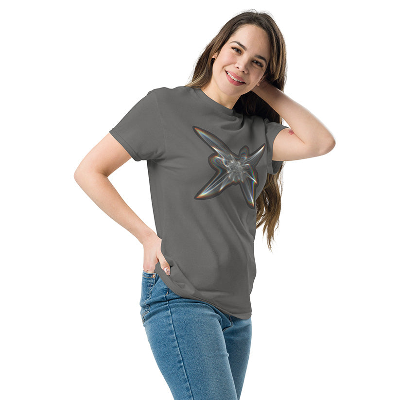 Woman wearing The Light Within graphic t-shirt in charcoal gray on a white background.