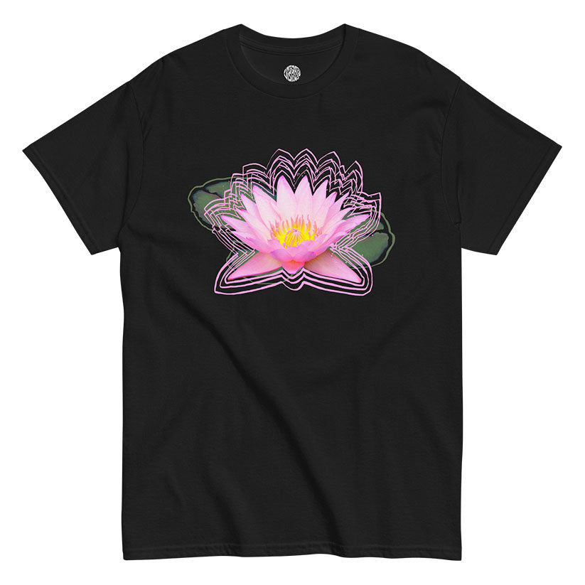 Black t-shirt with a pink lotus flower design on a white background