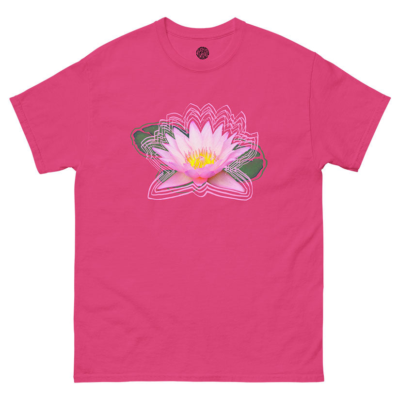 Heliconia Pink t-shirt with a pink lotus flower graphic on a white background
