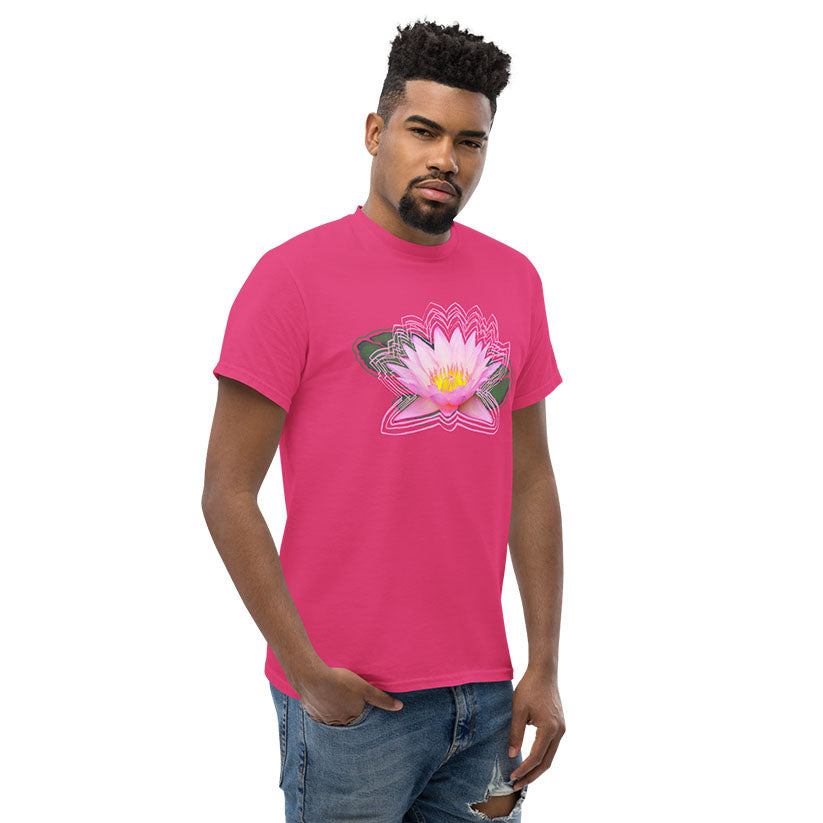 Man wearing a pink t-shirt with a pink lotus flower design on a white background