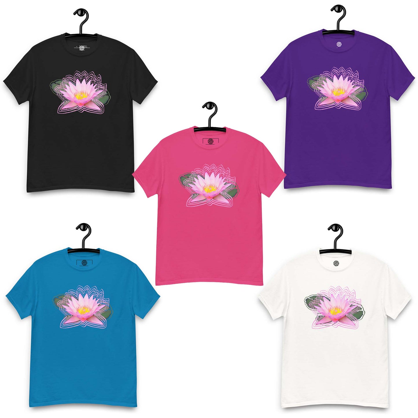 Five t-shirts with a pink lotus flower design on hangers against a white background.