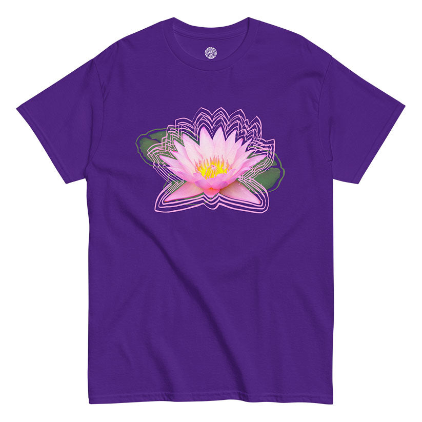Purple t-shirt with a pink lotus flower graphic on a white background