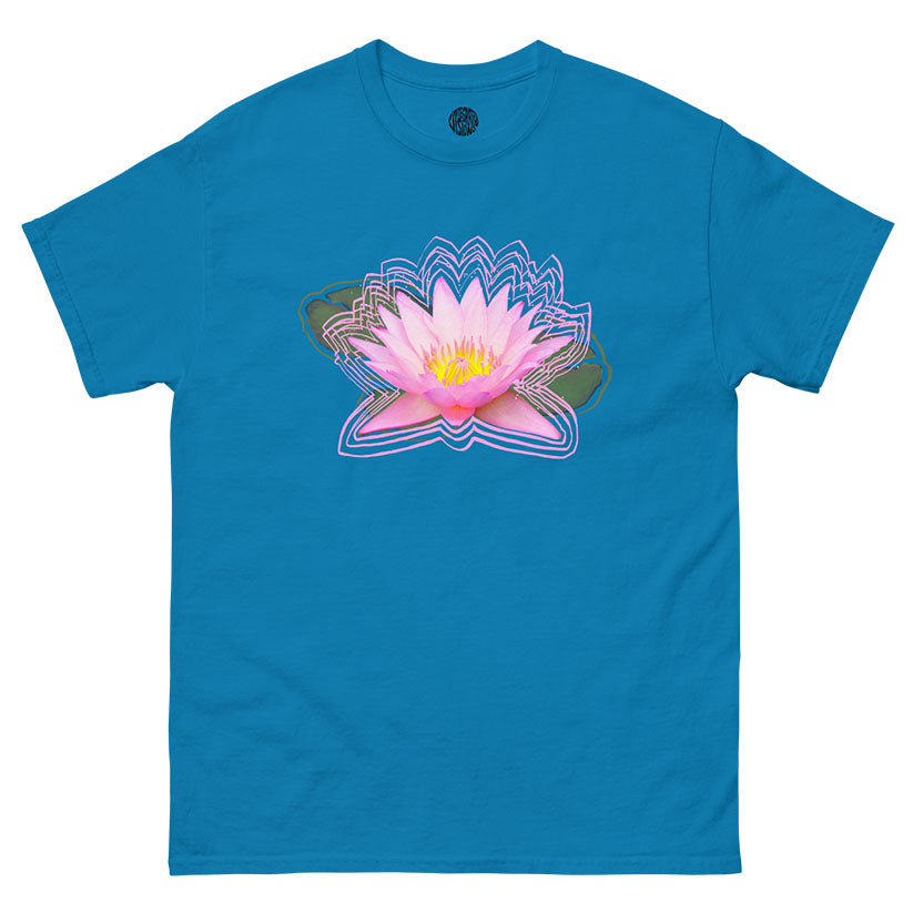 Sapphire blue t-shirt with a pink lotus flower graphic on a white background