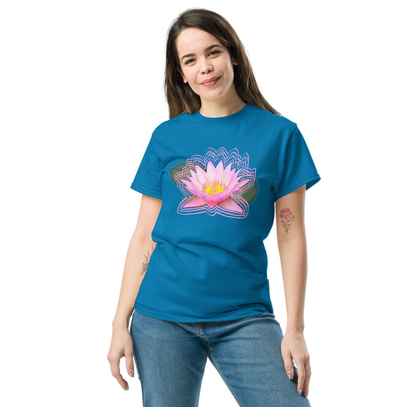 Woman wearing a blue t-shirt with a pink lotus flower design on a white background