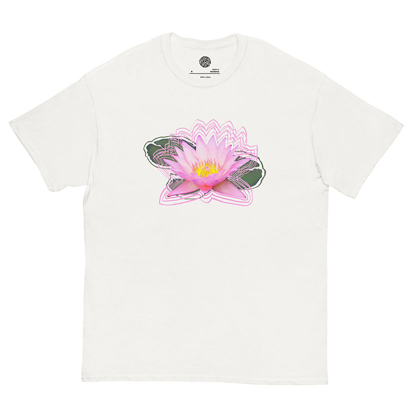 White t-shirt with a pink lotus flower graphic on a white background