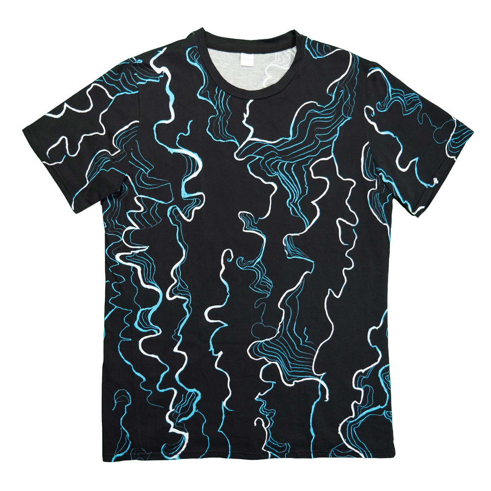 Front of Vibrations Cotton T-Shirt. Black shirt with white and blue abstract lines.
