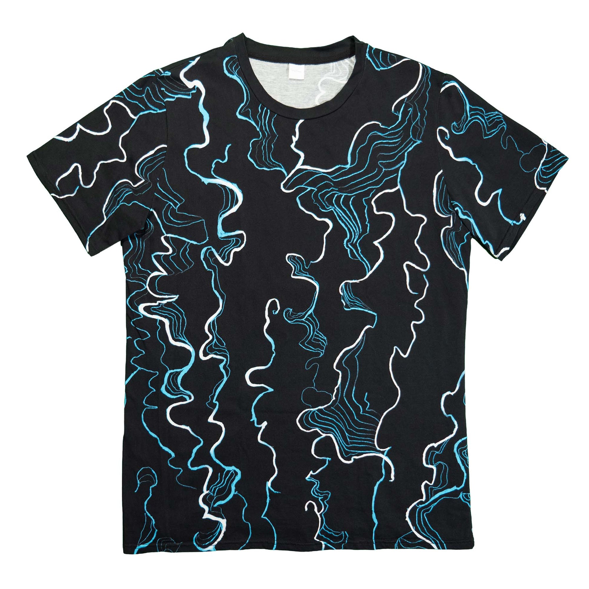Black t-shirt with blue and white abstract line pattern on a white background