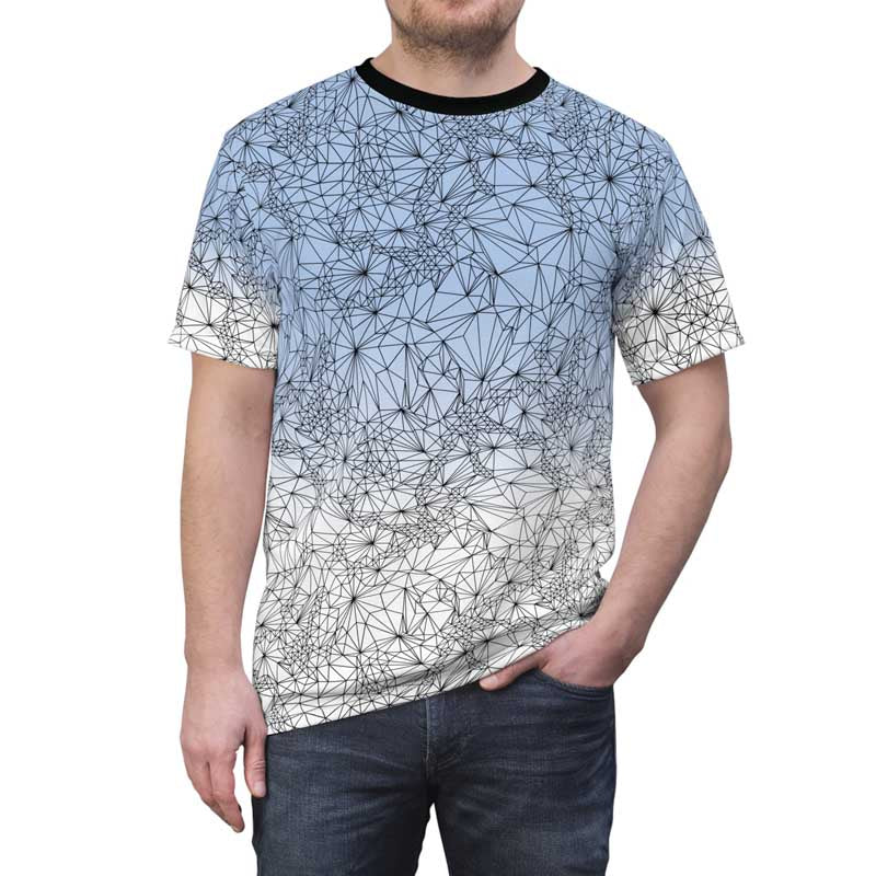 Person wearing men's Tri-Mesh Geometric Unisex Graphic t-shirt with blue and white gradient