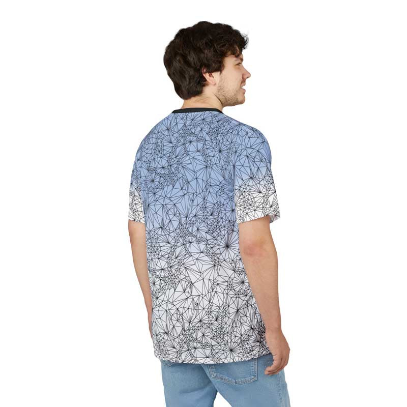 Back view of person wearing Tri-Mesh Geometric Unisex Graphic t-shirt with blue and white gradient