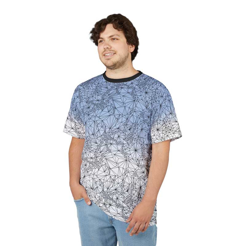 Person wearing Tri-Mesh Geometric Unisex Graphic t-shirt with blue and white gradient