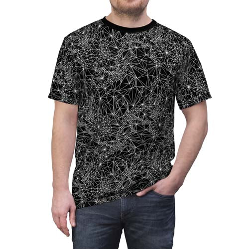 Person wearing Front view of Black and White Tri-Mesh Geometric t-shirt 