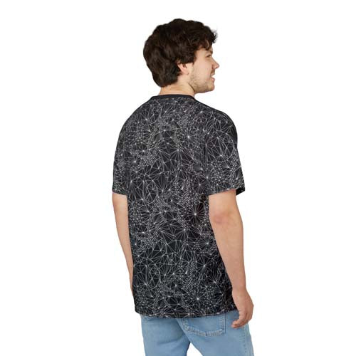 Side view of person wearing men's unisex Black and White Tri-Mesh Geometric t-shirt 