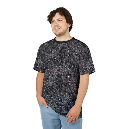 Man wearing Front view of Black and White Tri-Mesh Geometric t-shirt 