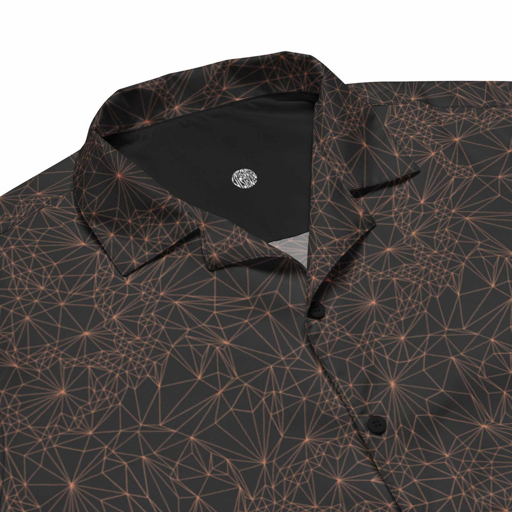 Detail view of collar and Integrated Visions logo on the Dark Tri Mesh Geometric button-up shirt.