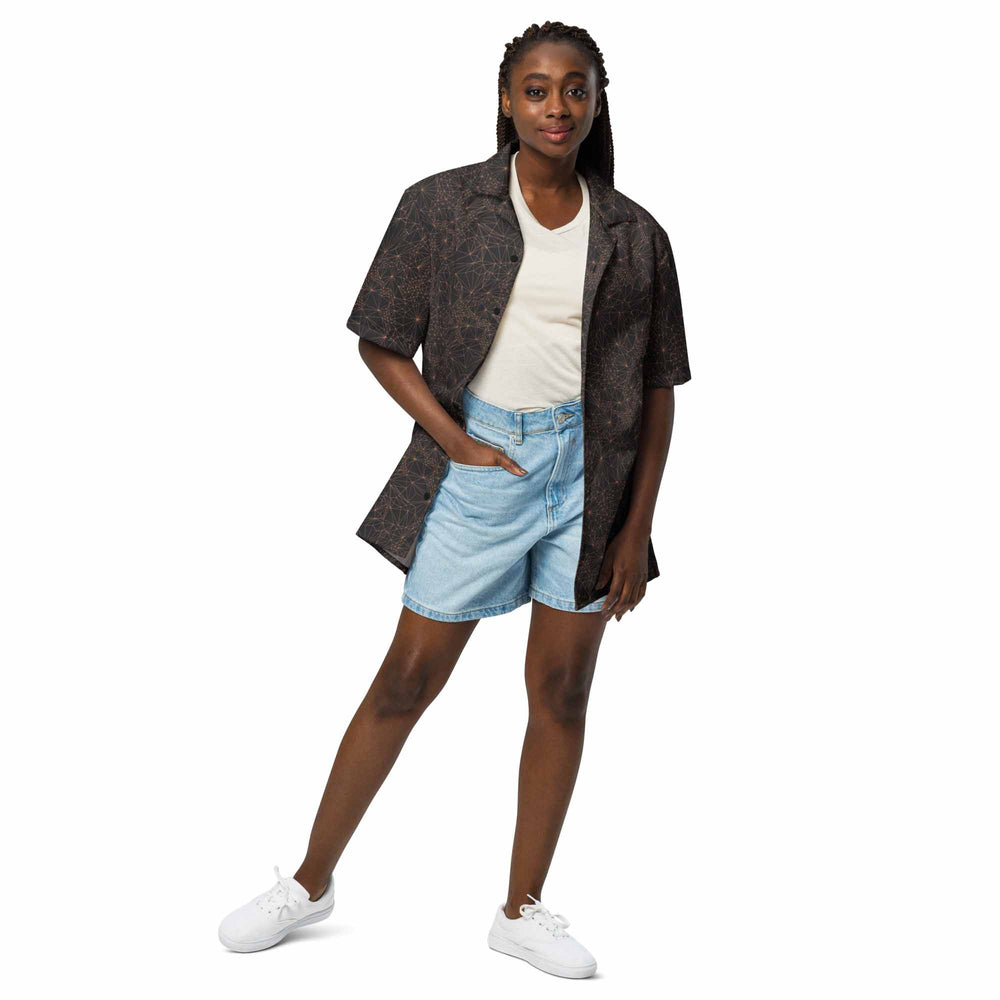 Woman wearing Dark Tri Mesh Geometric button-up shirt