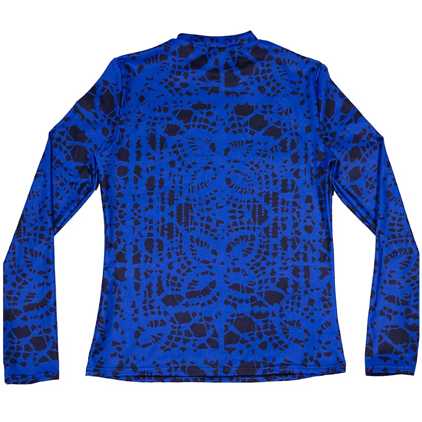 Back of blue and black long-sleeve shirt with dark blue lace pattern on a white background