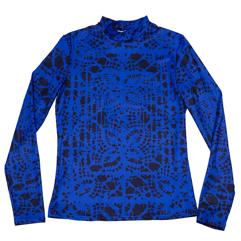 Blue and black long-sleeve shirt with lace pattern on a white background