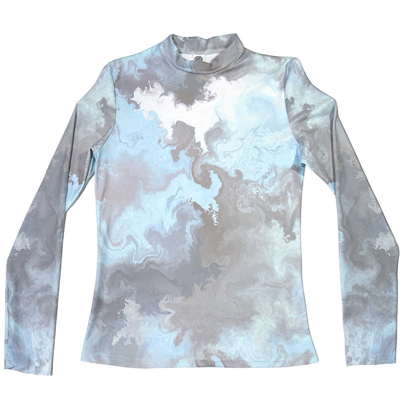 Women's Turtleneck Shirt with Thought Clouds print in light blue, gray, and white.