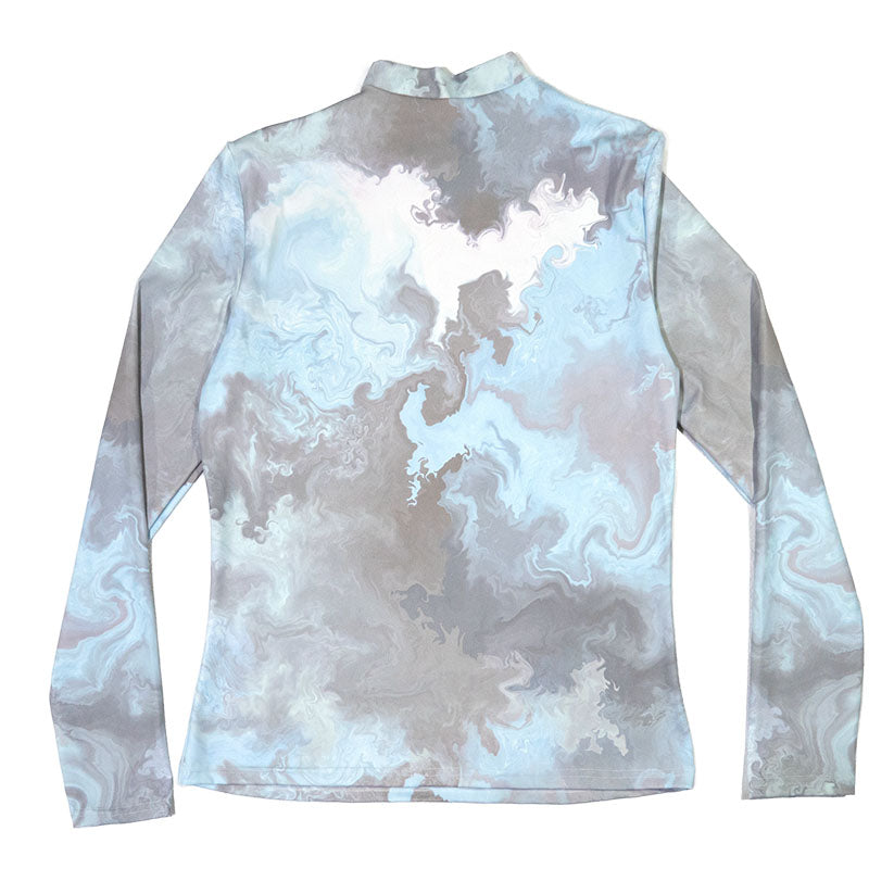 Back of Women's Turtleneck Long Sleeved Shirt with Thought Clouds print in light blue, gray, and white.