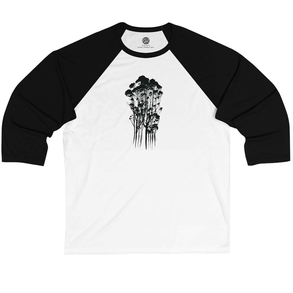 Vintage-Style 3/4 Sleeve Baseball Tee with Delicate Trees Floral Print with black Sleeves and white front and back.