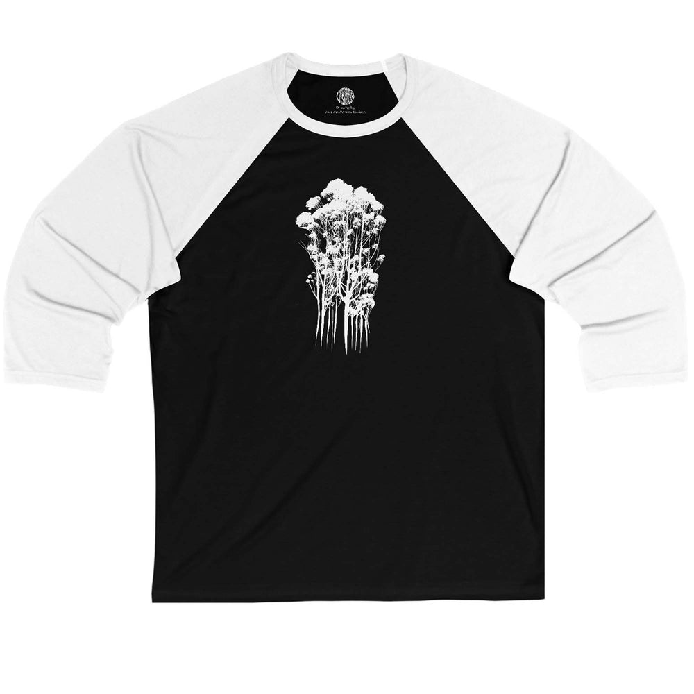 Vintage-Style 3/4 Sleeve Baseball Tee with Delicate Trees Floral Print White Sleeves Black Front.