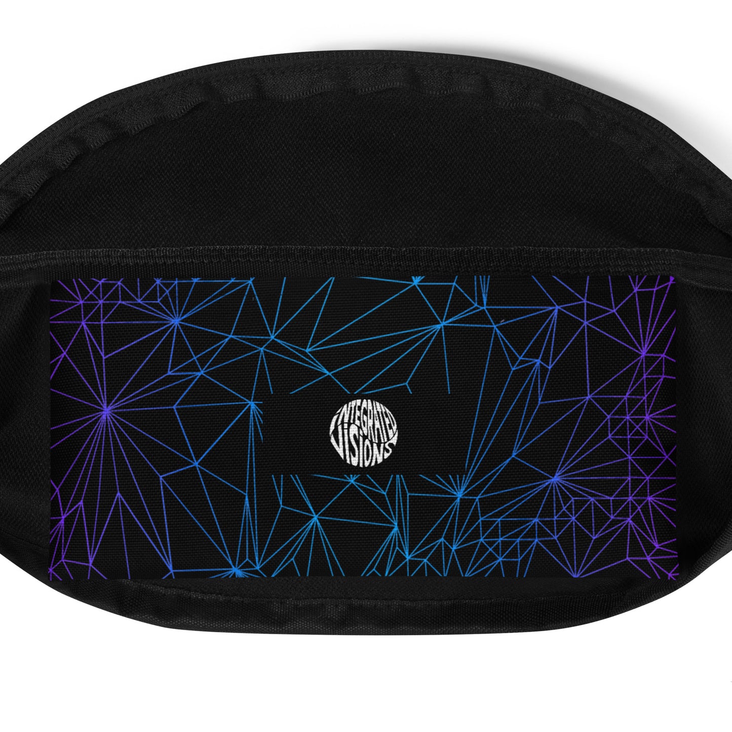 Detail of inside pocket of Fanny Pack with Tri-Mesh Geometric Pattern with a gradient on a black background.