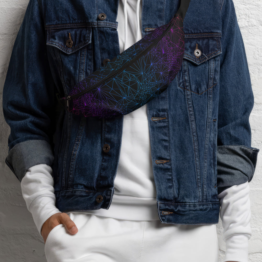 A person wearing the Fanny Pack with Tri-Mesh Geometric Pattern with a gradient on a black background across their chest.
