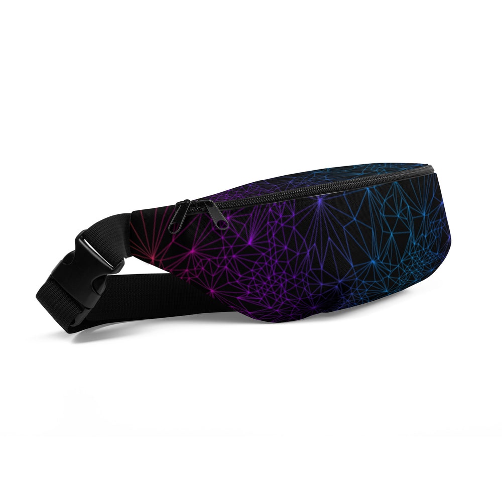 Fanny Pack with Tri-Mesh Geometric Pattern with a gradient on a black background sitting on a white surface.