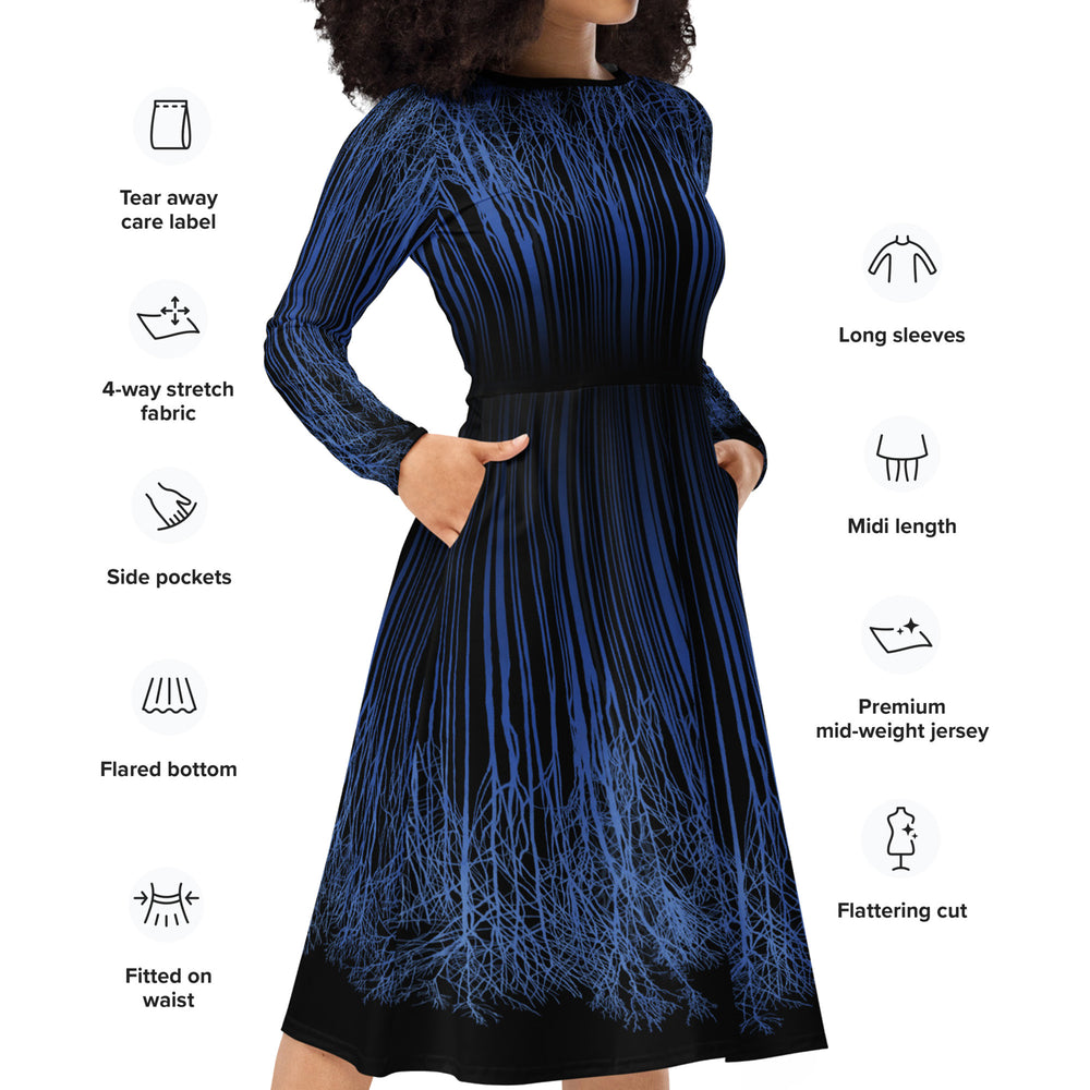 Features of the dress including 4-way stretch fabric, side pockets, flared bottom, fitted on waist, long sleeves, midi length, and flattering cut.