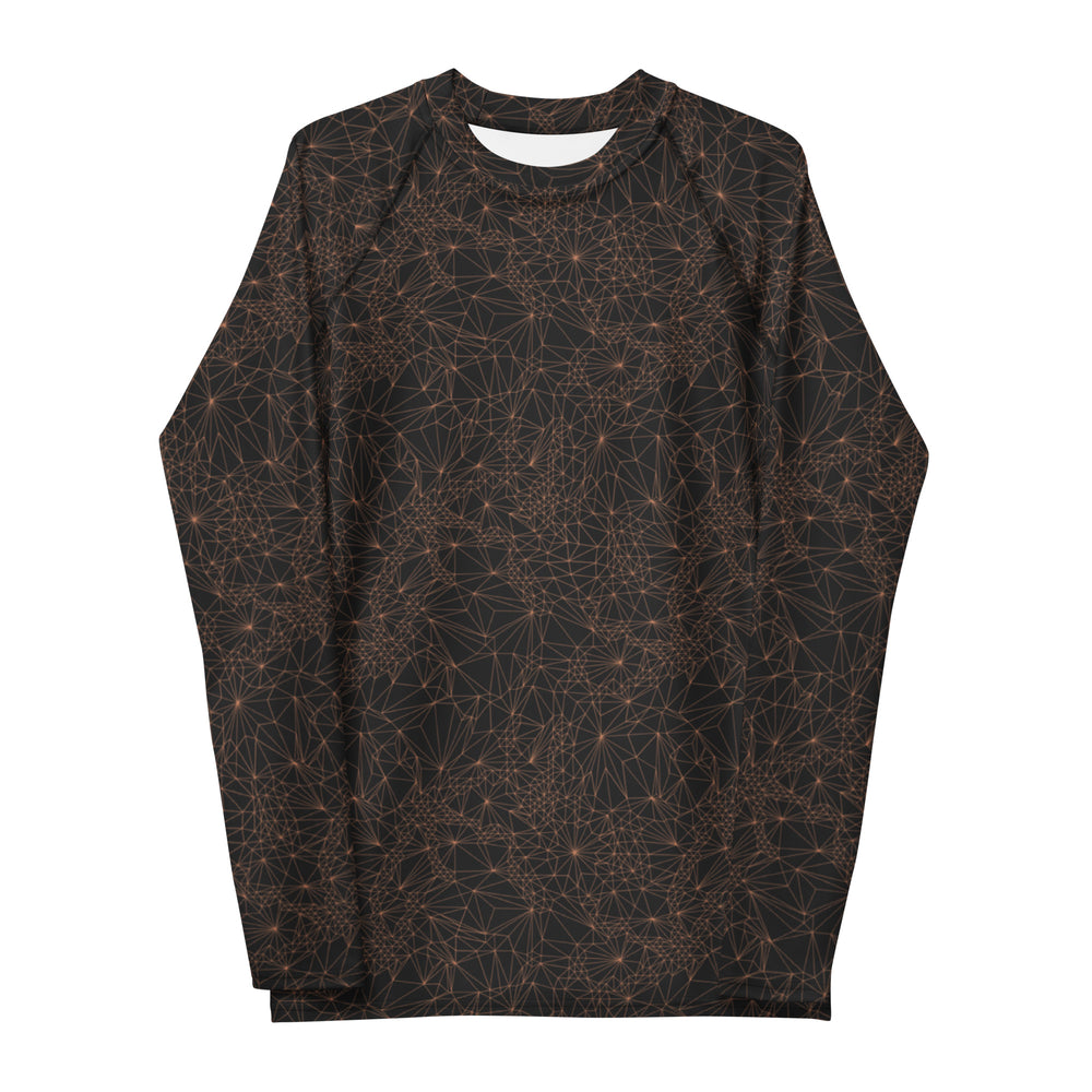 Front view of Tri-Mesh Geometric Men's Long Sleeve UV 50+ Shirt Dark Gray and Orange