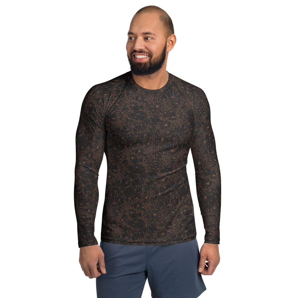 A man wearing a Tri-Mesh Geometric Men's Long Sleeve UV 50+ Shirt Dark Gray and Orange