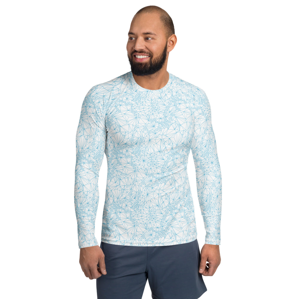 Man wearing mens uv protection long sleeve shirt with tri-mesh geometric pattern