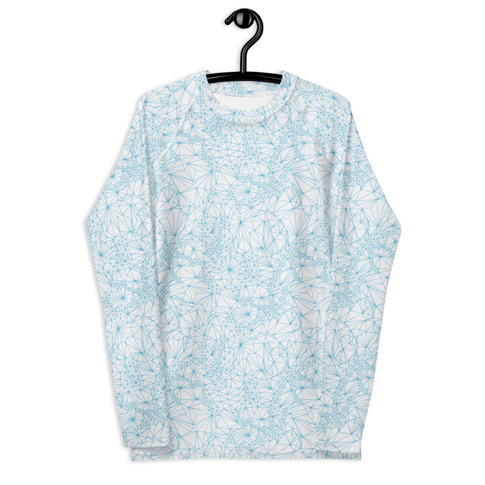 mens uv protection long sleeve shirt with tri-mesh geometric pattern on a hanger