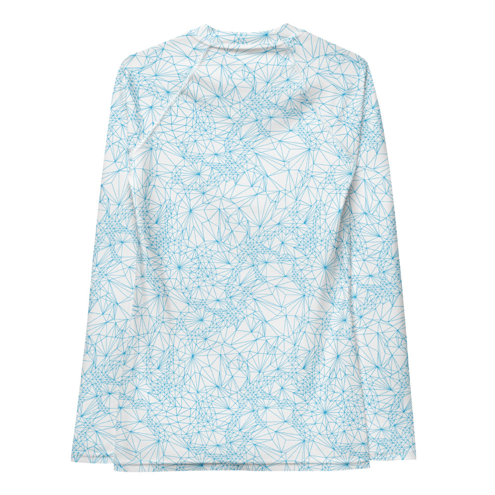 Back view of Tri-Mesh Geometric Women's UV 50+ Long Sleeve Shirt in White and Blue.