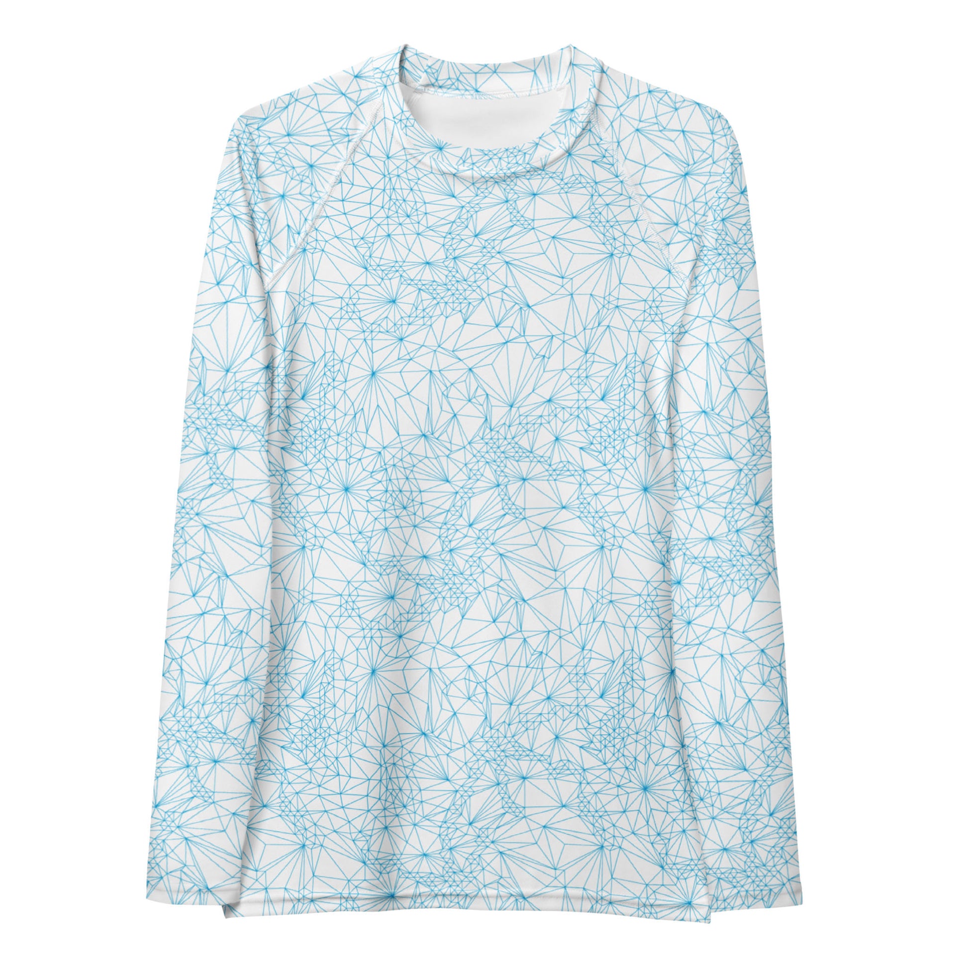 Front view of Tri-Mesh Geometric Women's UV 50+ Long Sleeve Shirt in White and Blue.