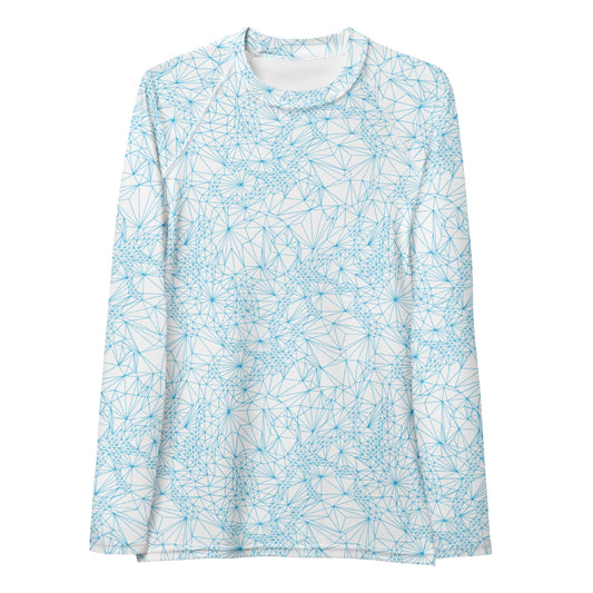Front view of Tri-Mesh Geometric Women's UV 50+ Long Sleeve Shirt in White and Blue.